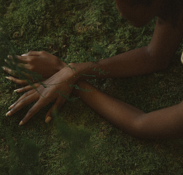A pair of hands resting on thick green moss